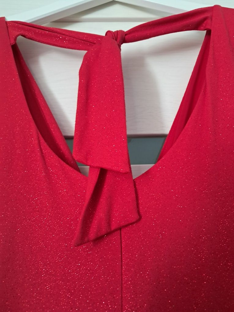 Piękna długa suknia, czerwona, połyskująca, brokat, rozmiar 36
