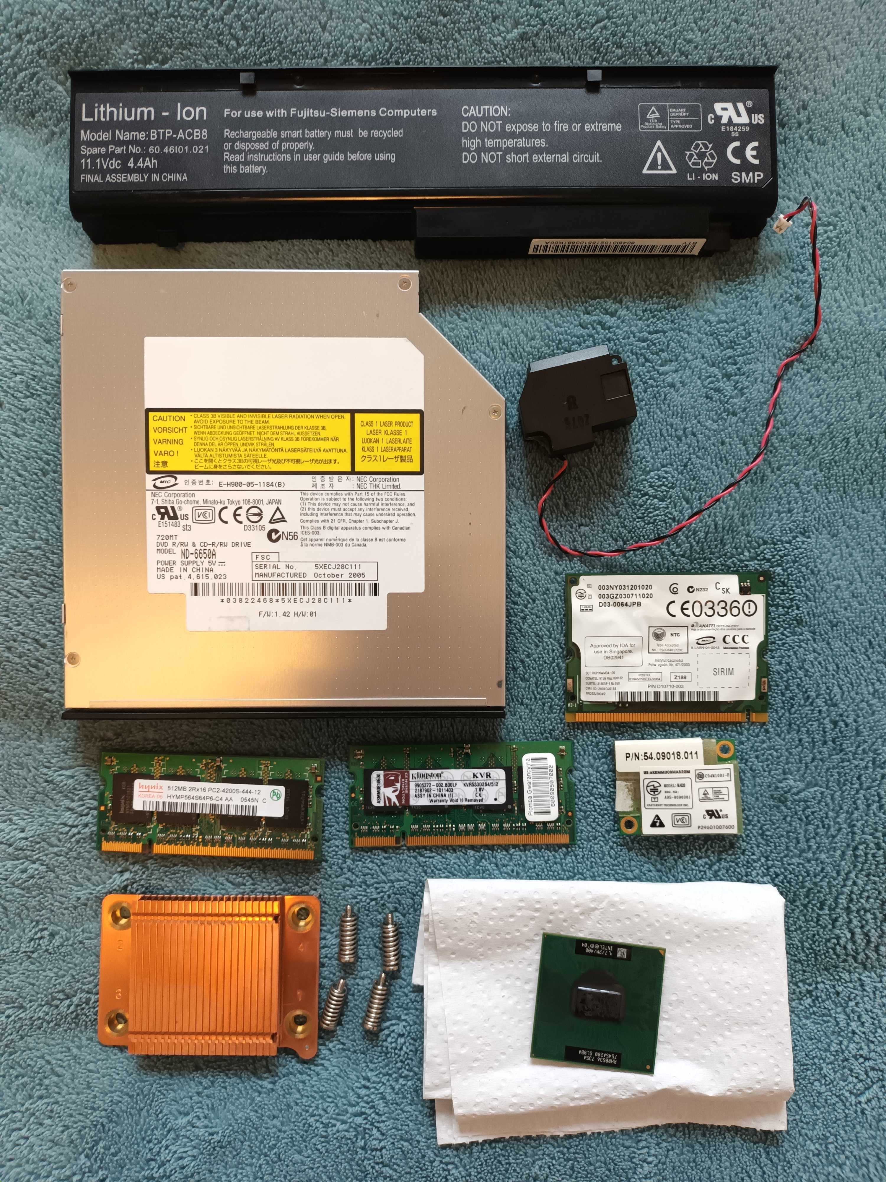 podzespoły do laptopa:PROCESOR INTEL PENTIUM 4, PAMIĘĆ RAM DDR2,i inne