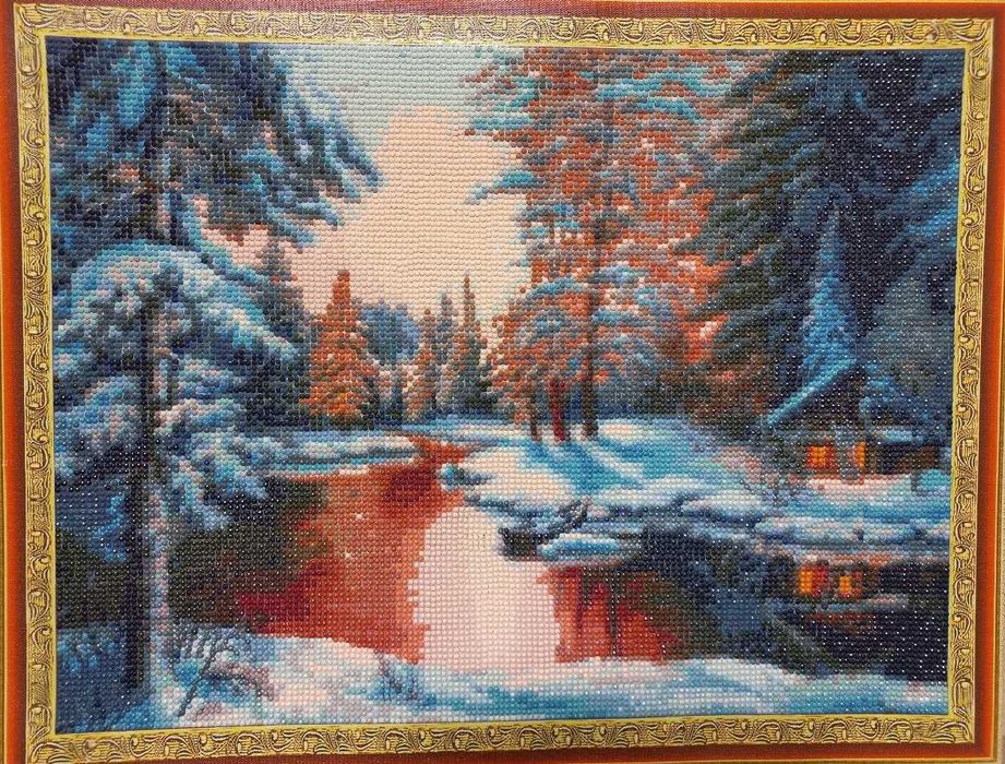 "Зимове озеро".   Готова картина з алмазної мозаїки 40х50.