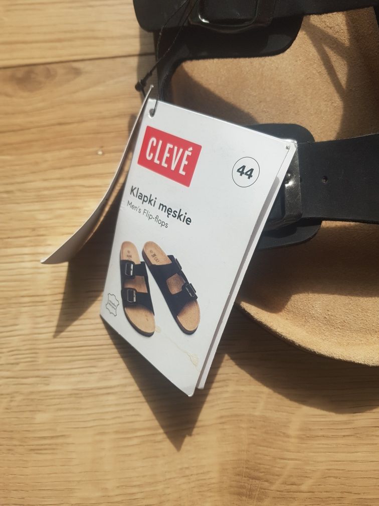 Nowe klapki męskie z skórzaną wkładka marki Cleve rozmiar 44.