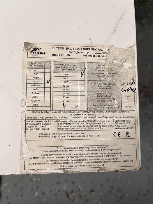 Piec elektryczny kocioł Elterm 4kW