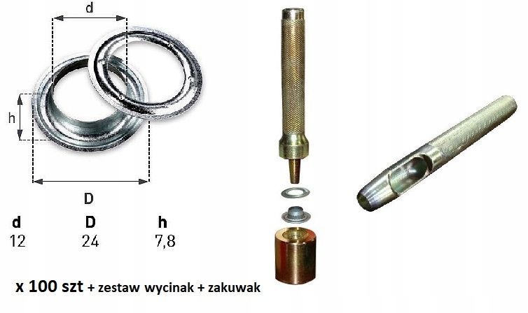 Oczka nierdzewne 100 szt fi12 zakuwak + wycinak