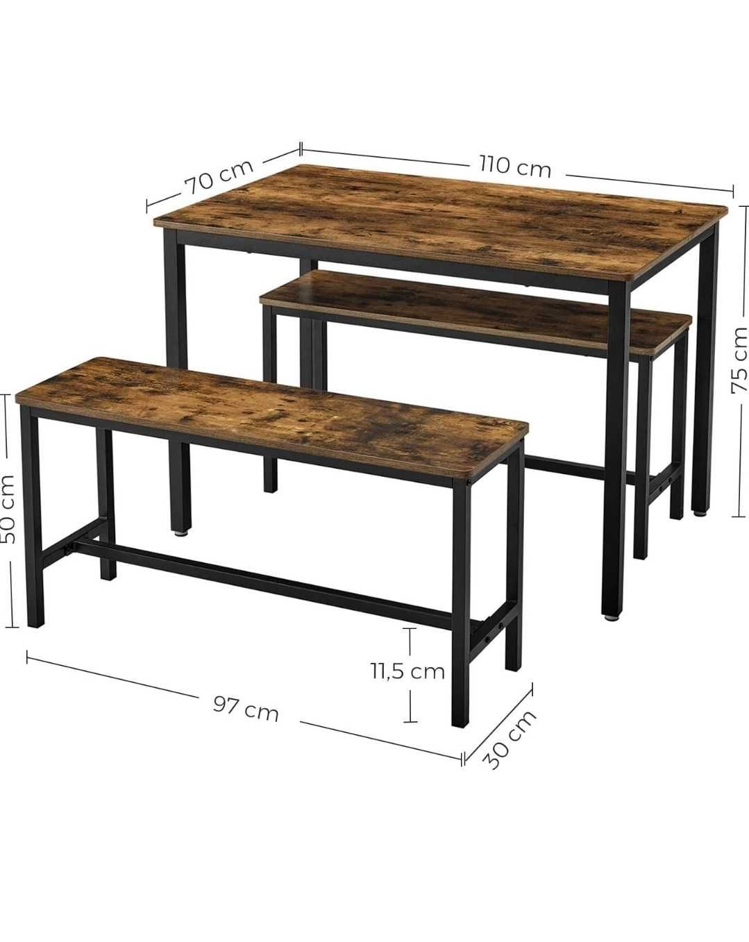 Stół jadalny, zestaw stołowy, z 2 ławkami, metalowa rama