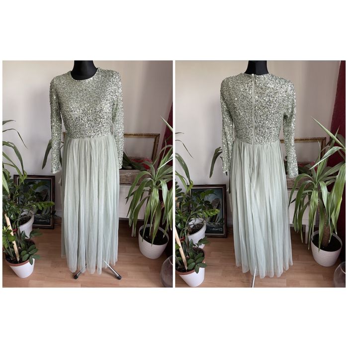 Maya deluxe cekinowa sukienka maxi tiulowa m 38 petite szałwiowa