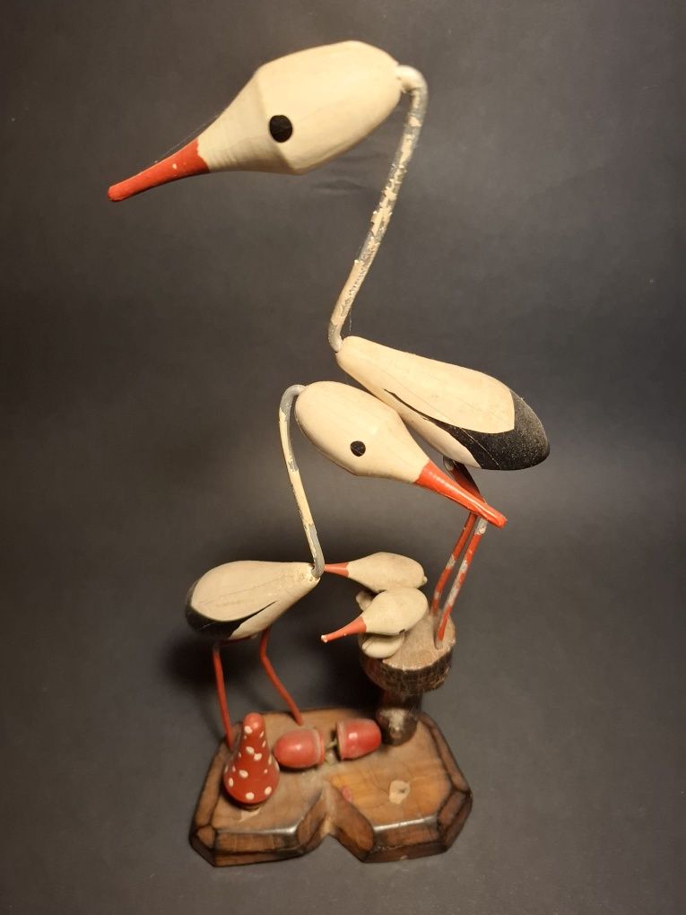 Figurka bociany drewno metal cepelia prl