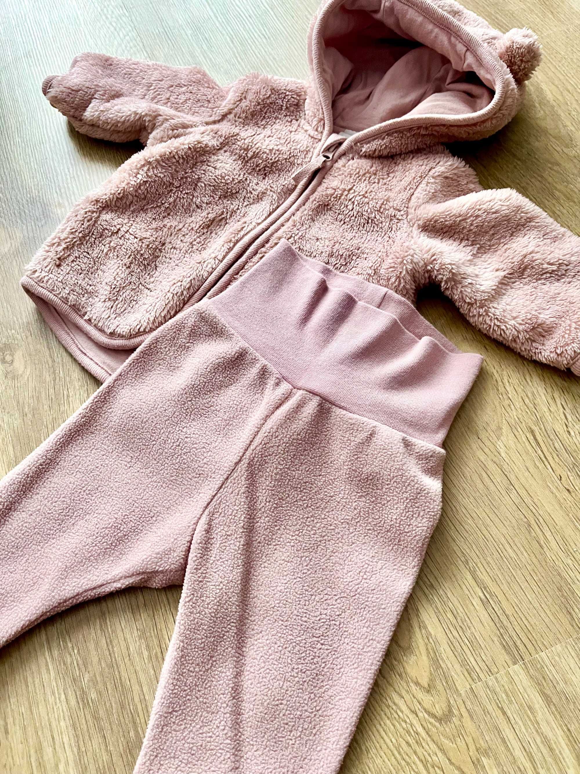 Komplet zestaw niemowlęcy bluza spodnie kapturem uszami różowe H&M 56
