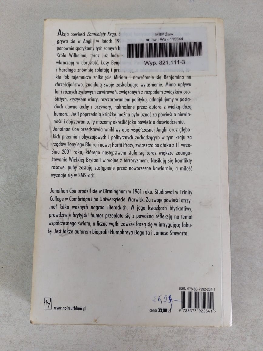 Zamknięty krąg. Jonathan Coe. Książka pobiblioteczna