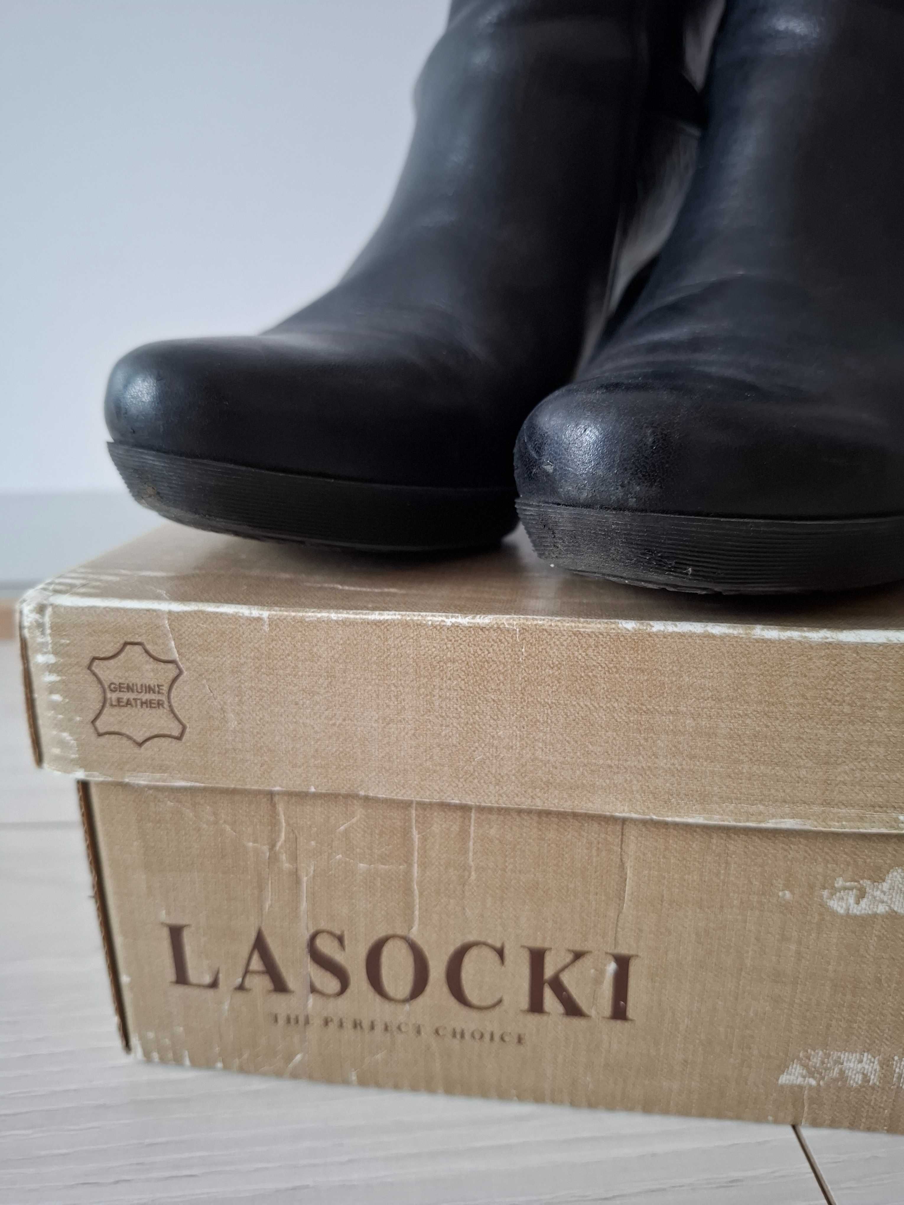 Czarne botki na obcasie słupku skórzan Lasocki 37 nowe fleki platforma
