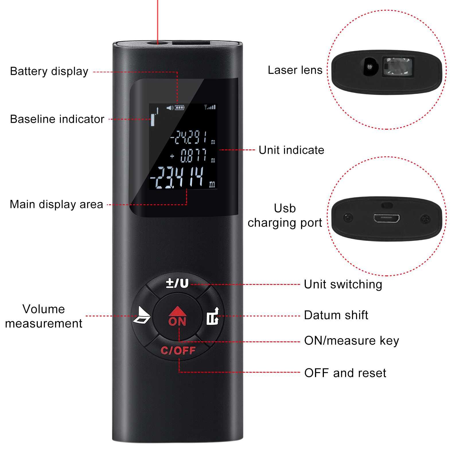 Mini inteligentny dalmierz laserowy 60M na podczerwień USB akumulator