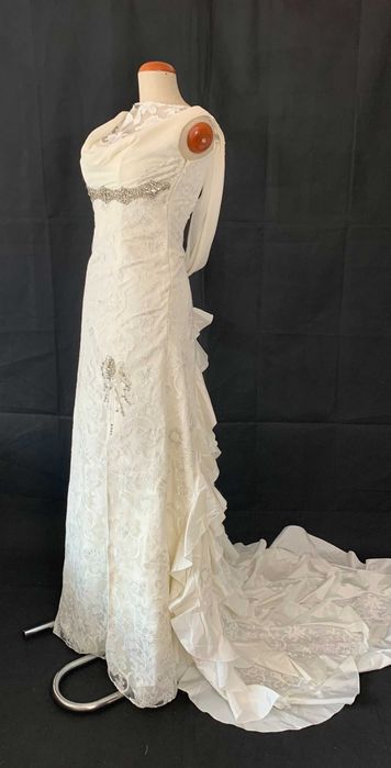 Nowa Suknia ślubna Syrena 38 M Srebrna biała Koronka z trenem Glamour
