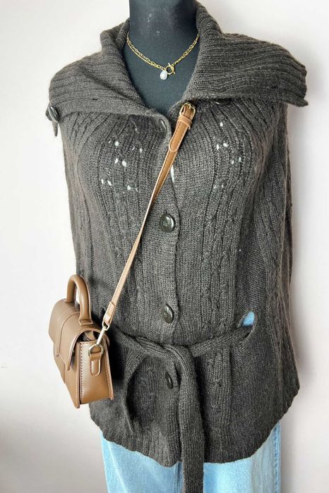 Benetton Stile brązowe ponczo poncho narzutka z wełną guziki
