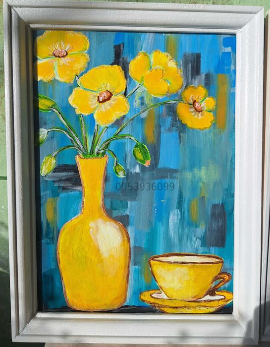 Картини акрилом "Затишок", "Ставочок","Гортензії ","Погляд в майбутнє"