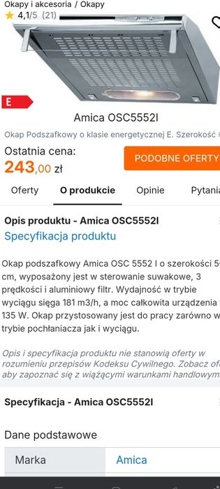 Okap podszafkowy AMICA 50cm Inox