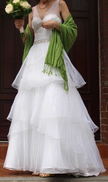 Suknia ślubna na wzrost 175 cm, S, tiulowe falbany, kryształki, CUDO!