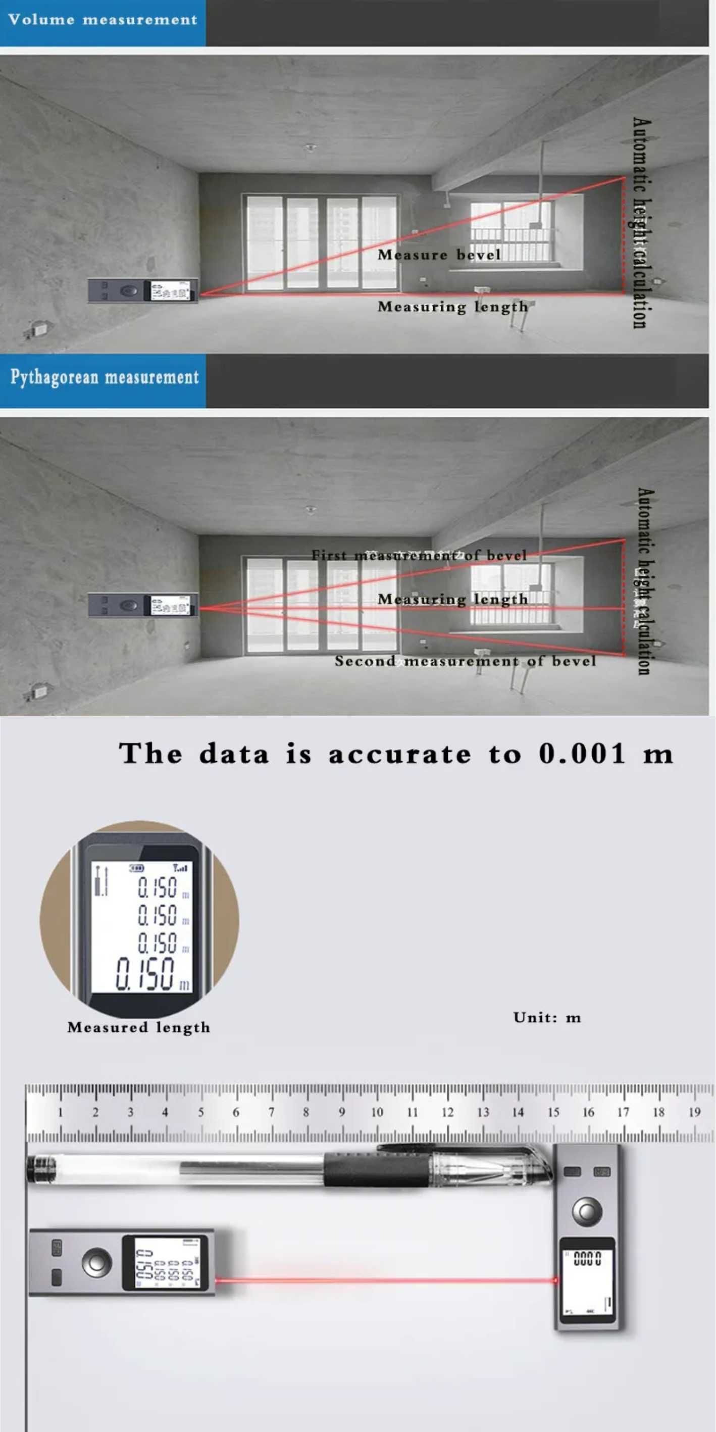 Мини лазерная рулетка дальномер угломер  50/60/80/100/120 м Li-Ion USB