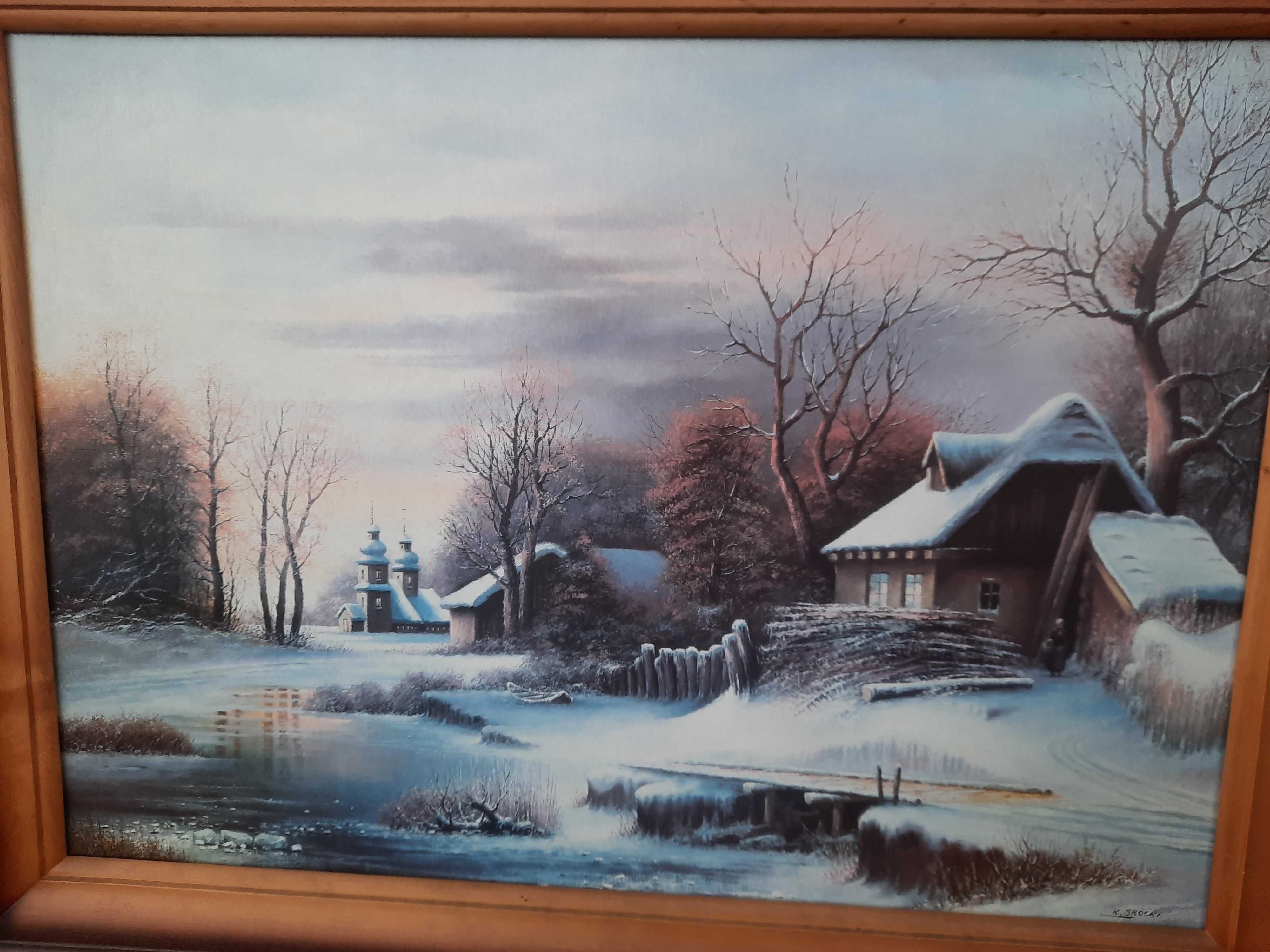 stary zabytkowy obraz Piękna Zima, Rzeka, Chata