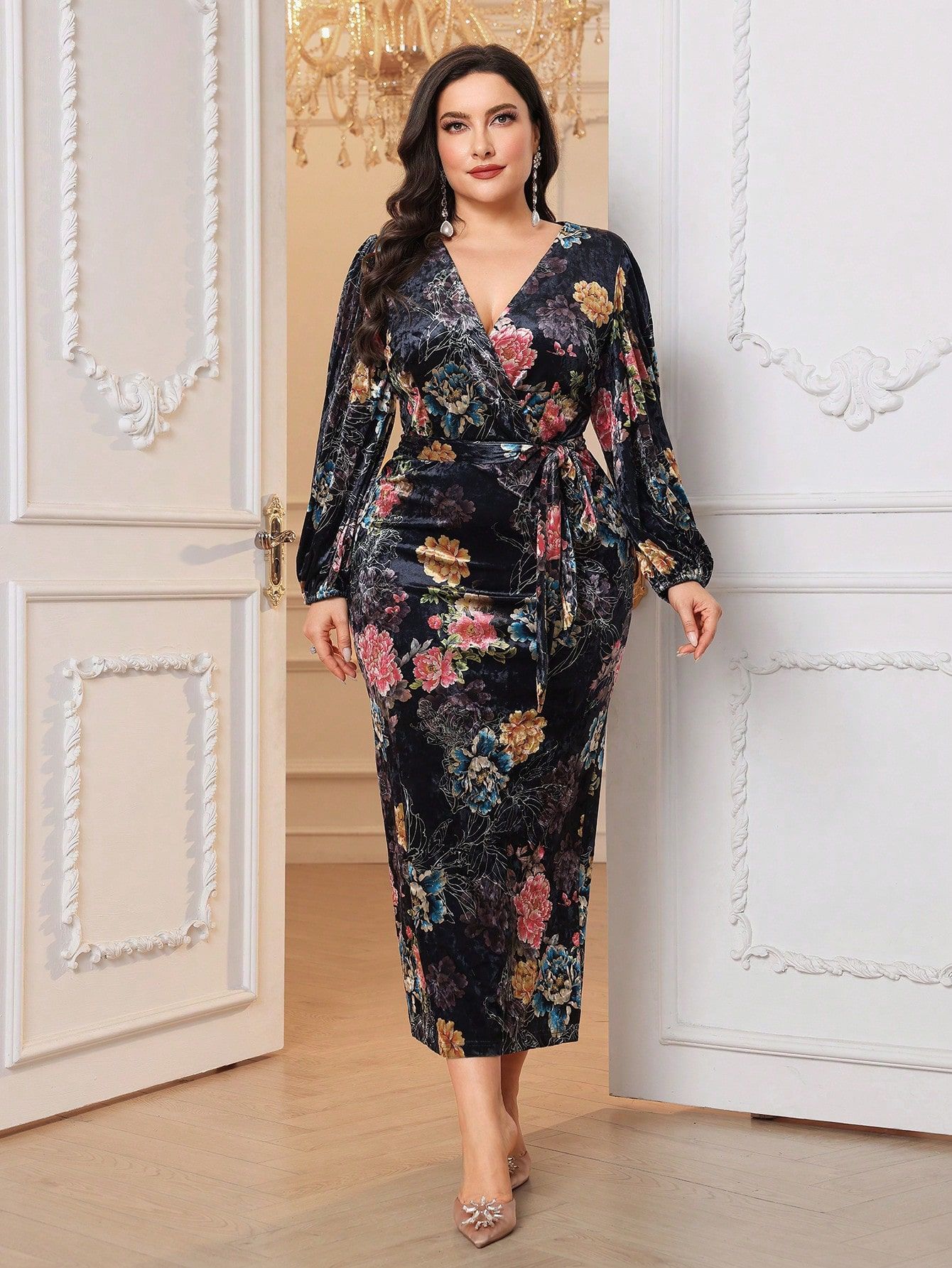 Sukienka Maxi Aksamitna Elegancka Ołówkowa W Kwiaty Shein Xxl 44