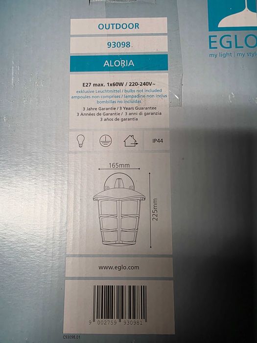 Lampa ścienna kinkiet zewnętrzny alu klasyczny czarny E27 Eglo ALORIA