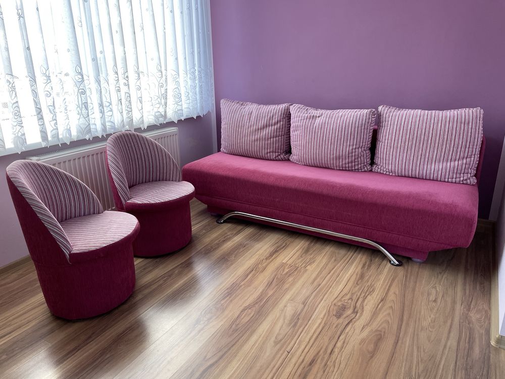 Różowa sofa Afrodyta rozkladana + 2 fotele kanapa bodzio poduszki