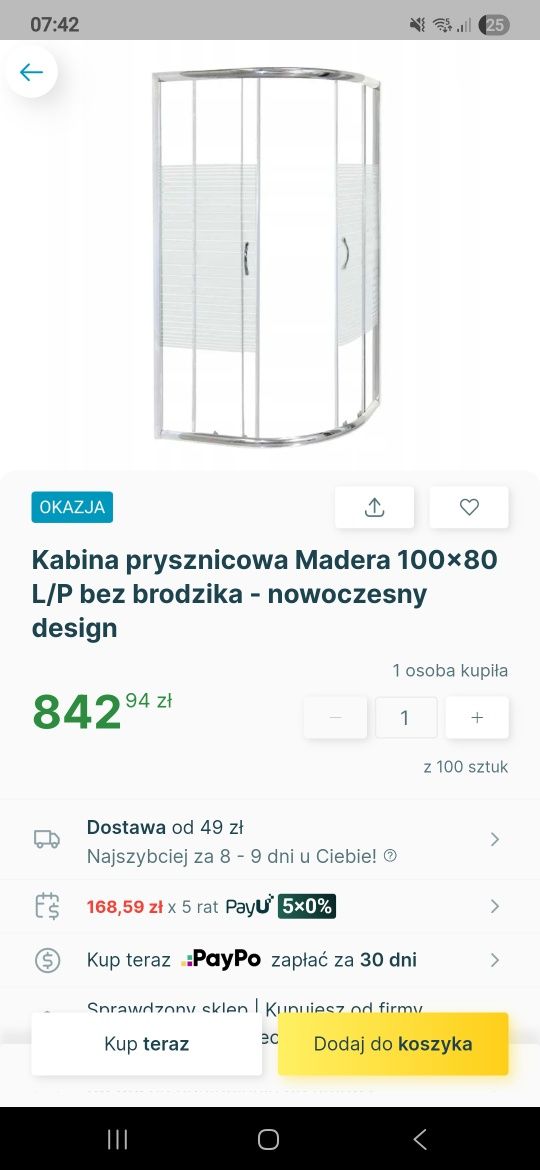 Kabina prysznicowa 100x80 prawa
