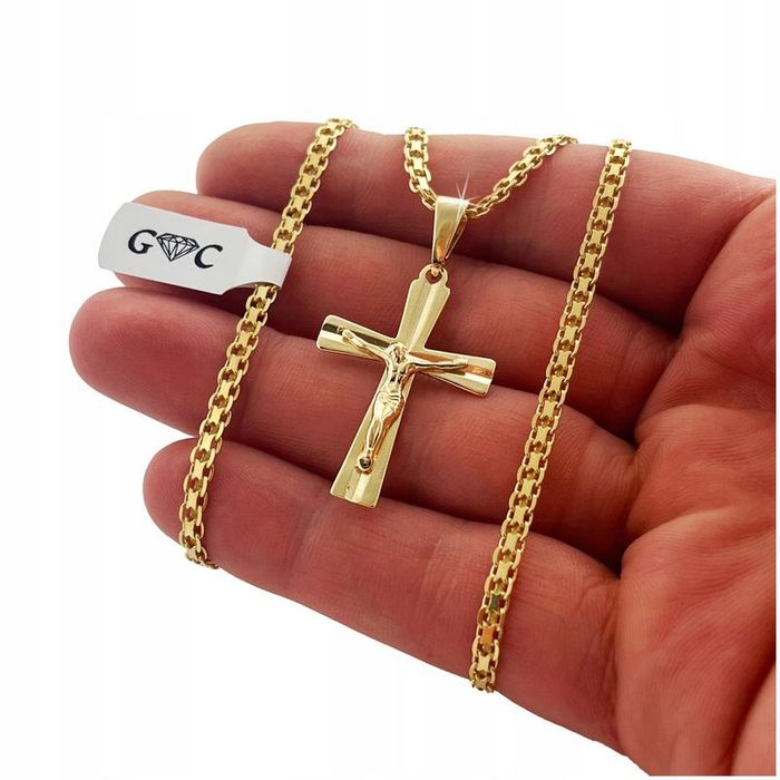 Pozłacany Łańcuszek Męski Bismark + Krzyżyk, Srebro Próba 925/585 + Gr