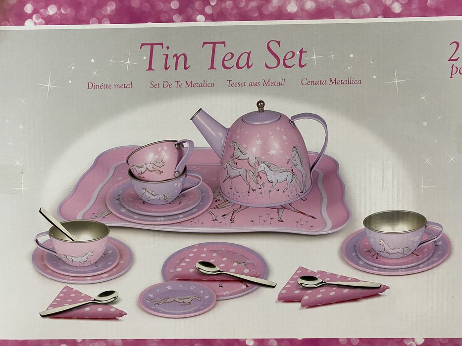 tin tea set champion duży zestaw do herbaty zabawkowy róż konie metal