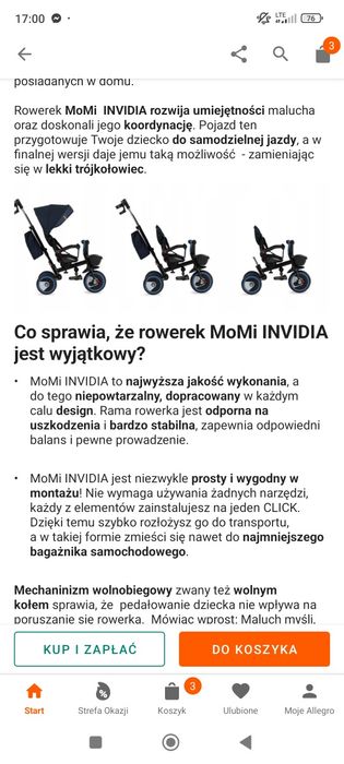 Momi INVIDIA Rowerek Trójkołowy 5w1 wolne koło