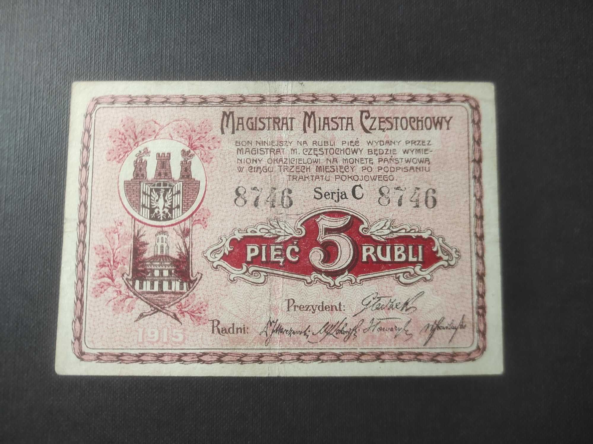 Banknot 5 rubli Częstochowa zabór rosyjski 1915r