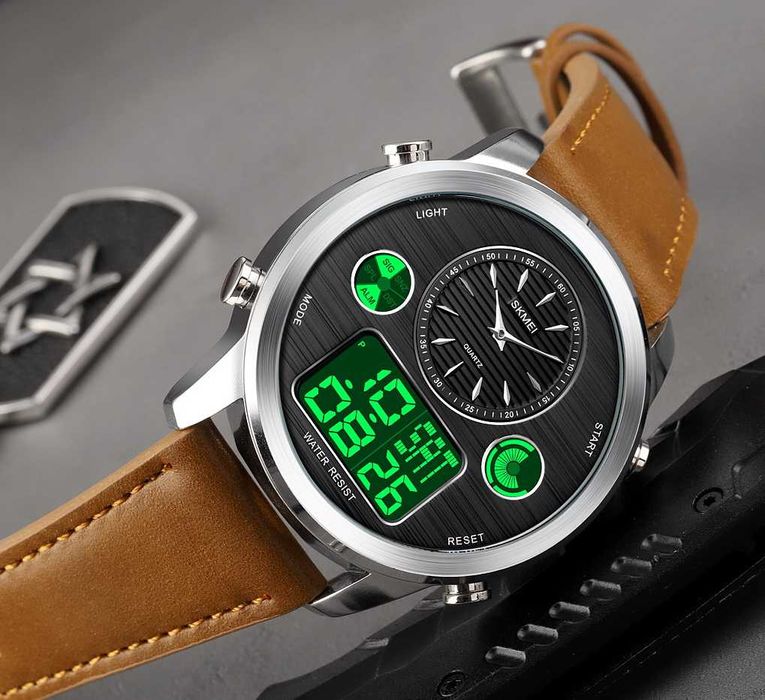 Biznesowy Zegarek Męski Na Skórzanym Pasku METAL Czas Światowy LED