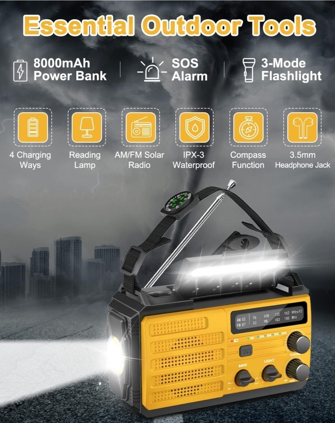 Awaryjne radio solarne z funkcją powerbanku i latarki 8000 mAh AM/FM