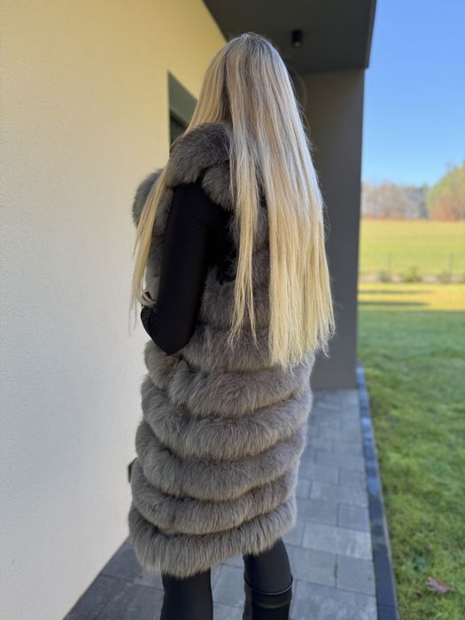 Kamizelka kołnierz z lisa szara 2 w 1 futro naturalne nowa rzędowa m