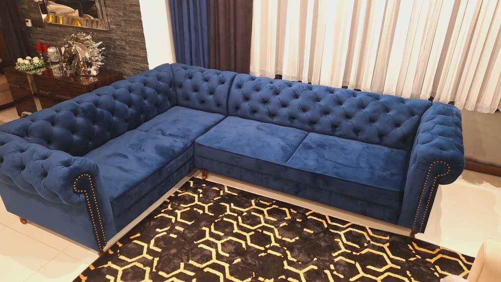 Narożnik glamour granat niebieski welur chesterfield nowy