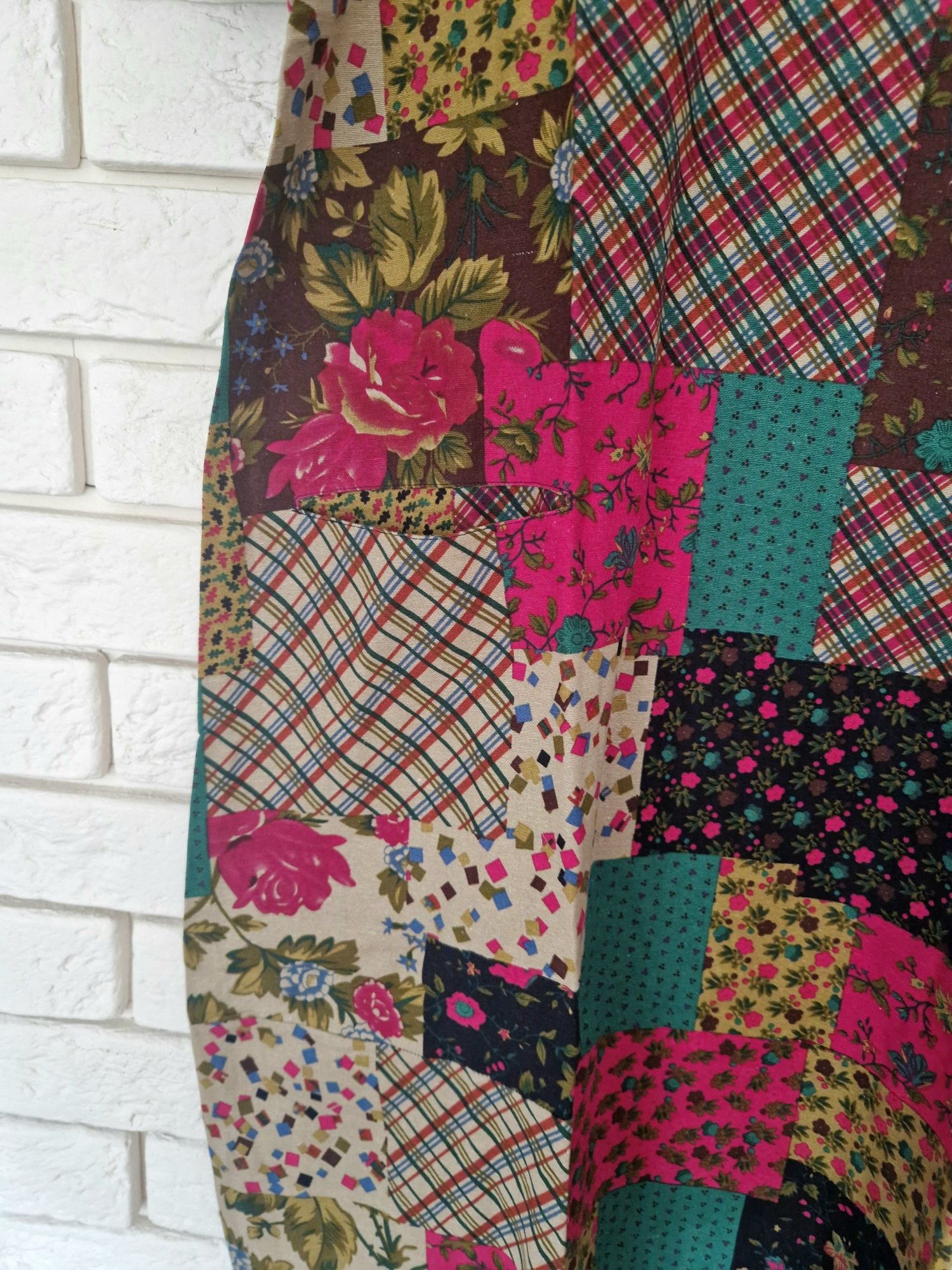 Lniana sukienka patchworkowa z kieszeniami 42 XL 100% len plus size