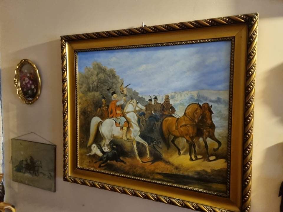 Obraz Olej na Desce Polowanie z Sokołem 76 x 63 cm