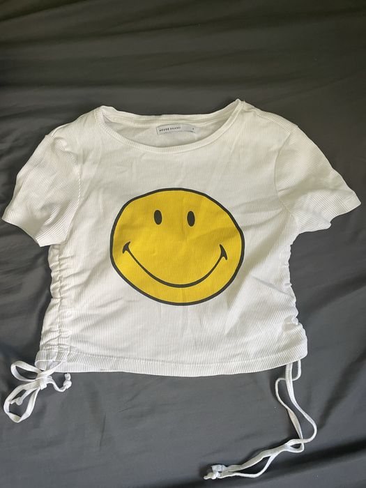 Koszulka T-shirt crop top biały smile S z wiązaniem