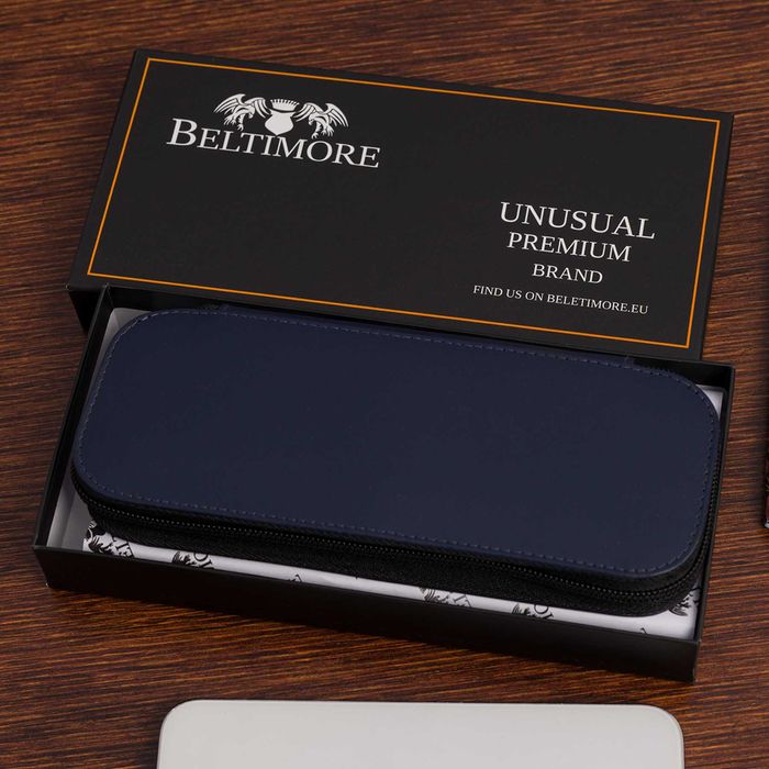BELTIMORE etui skórzane piórnik na długopisy na suwak J002 granatowe