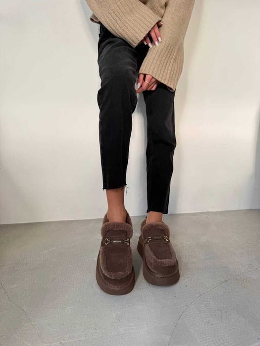 Коричневі лофери угги натур. замша, зимние лоферы коричневые 36-40р