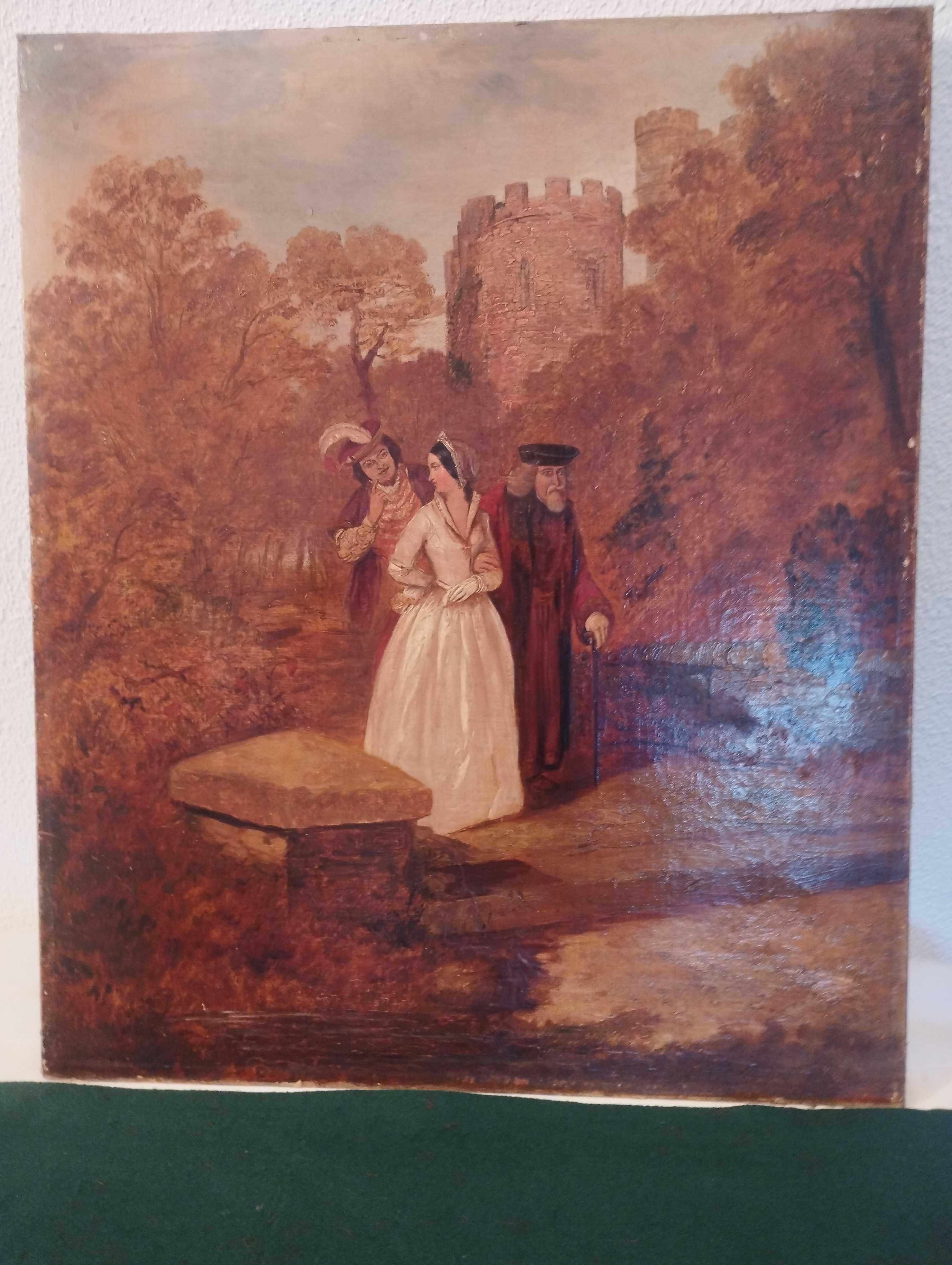 Quadro a óleo  cena romântica  de sedução  do século XVI