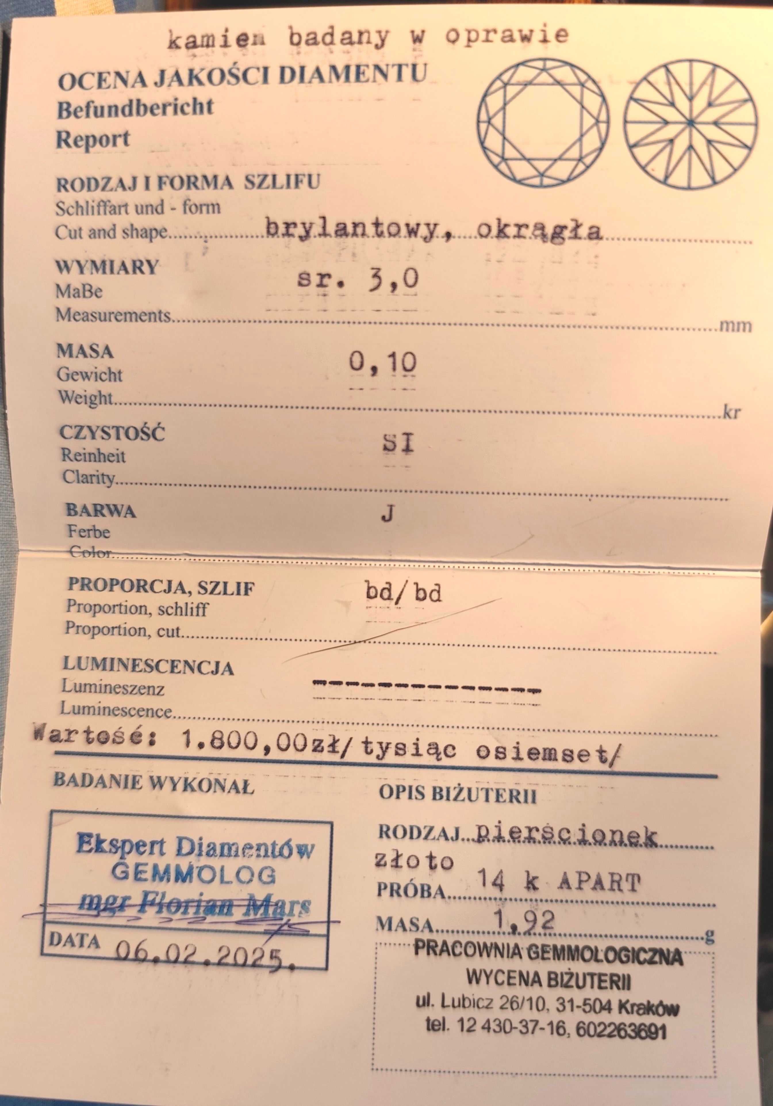 pierścionek złoty z brylantem
