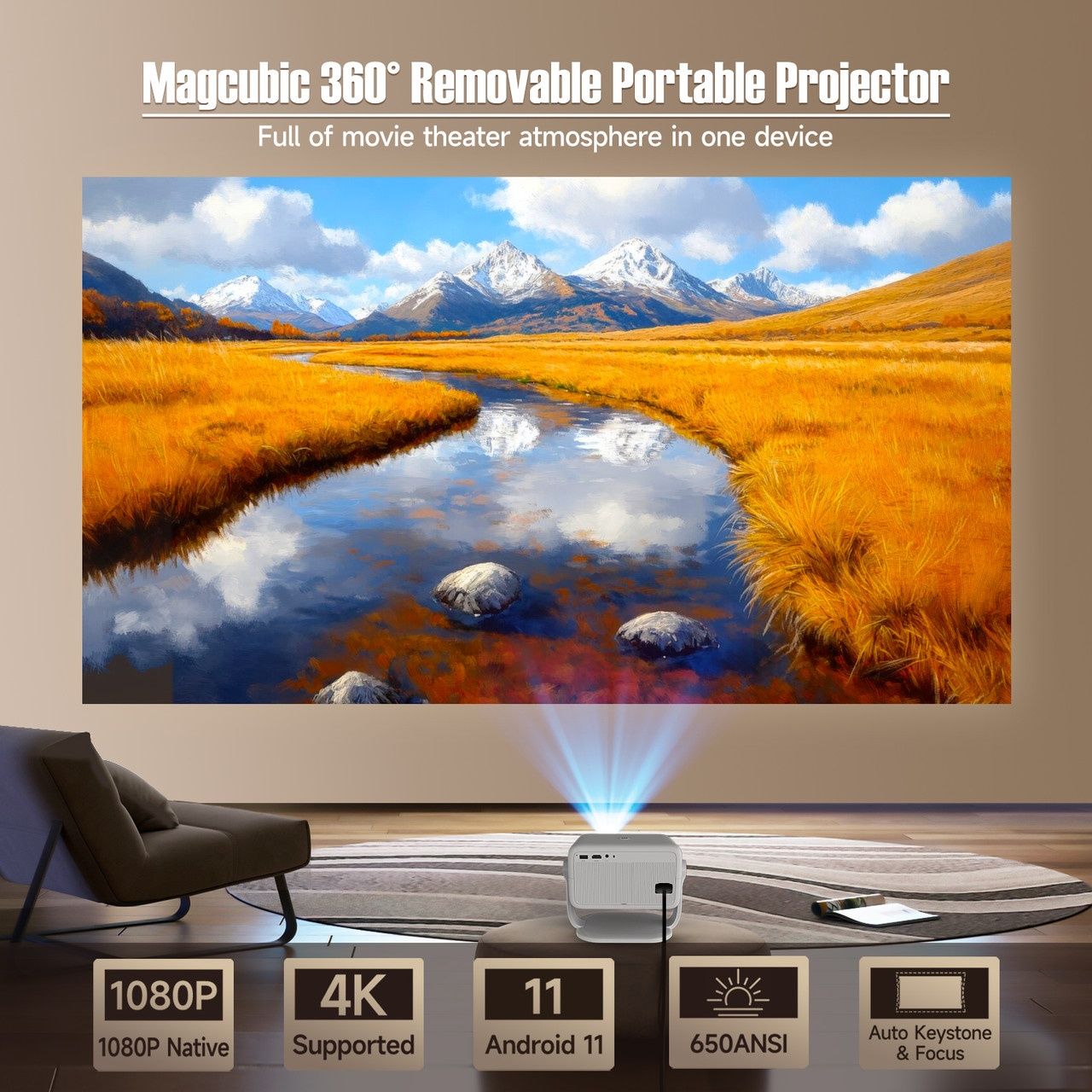 Проектор Magcubic L018, 1080P 650ANSI 4K Android 360° Автофокус Wifi6