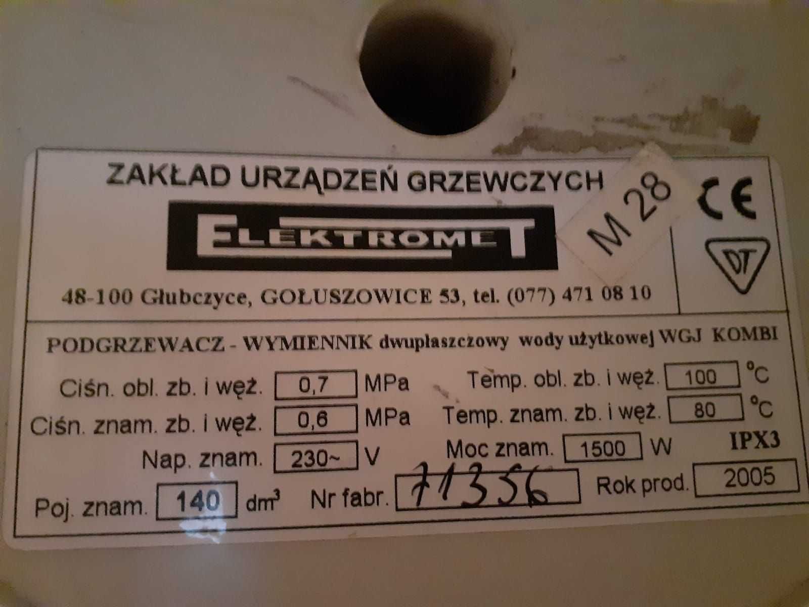 Bojler, podgrzewacz wody, wymiennik dwupłaszczowy Elektromet 140L