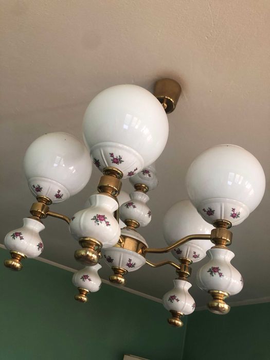 Porcelanowy żyrandol 5-ramienny, PRL, kwiatowy wzór, stan b. dobry