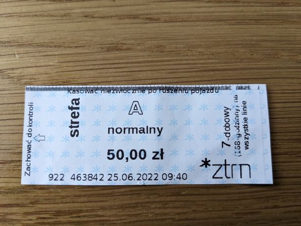 Bilet 7-dniowy normalny Strefa A Poznań MPK ZTM
