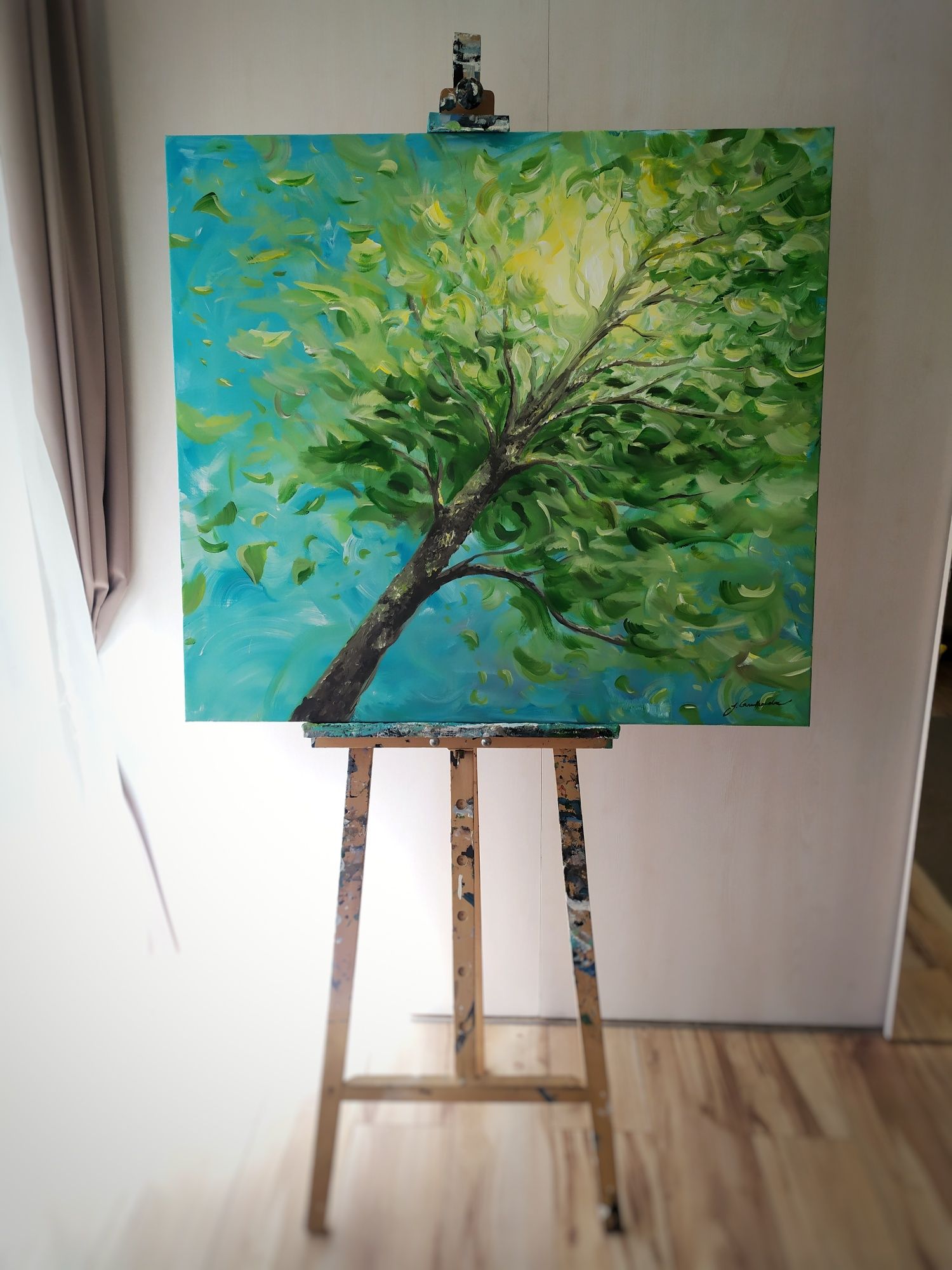 Obraz ręcznie malowany duży 100 drzewo abstrakcja liście zielony wiosn
