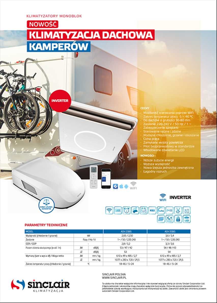 Klimatyzator dachowy DO KAMPERA SINCLAIR ASV-35BIS Inwerterowy
