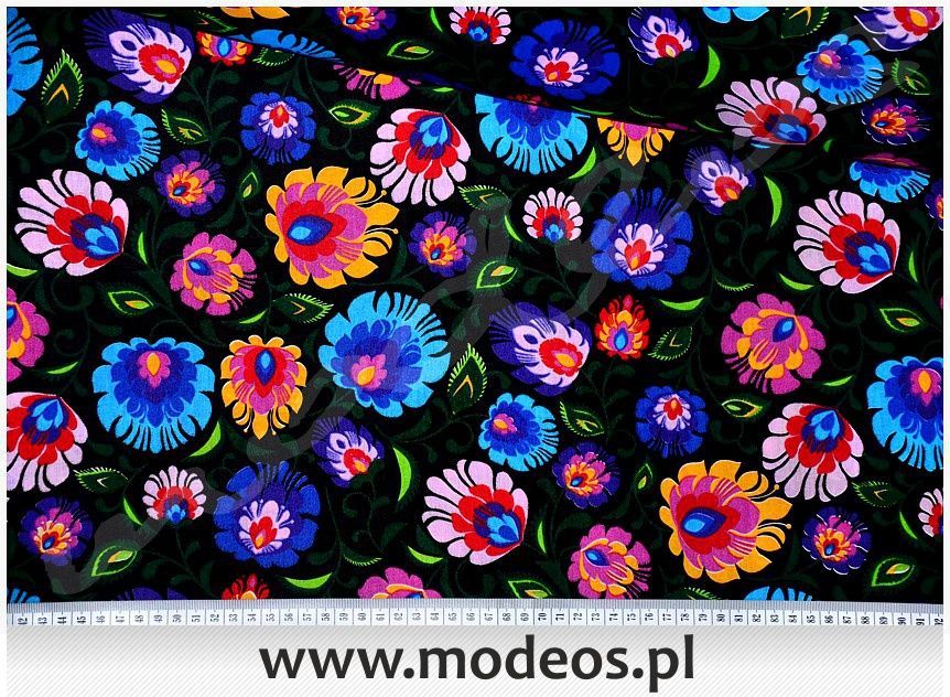 Bawełna wzór łowicki ludowy Tkanina bawełniana materiał kwiaty koguty
