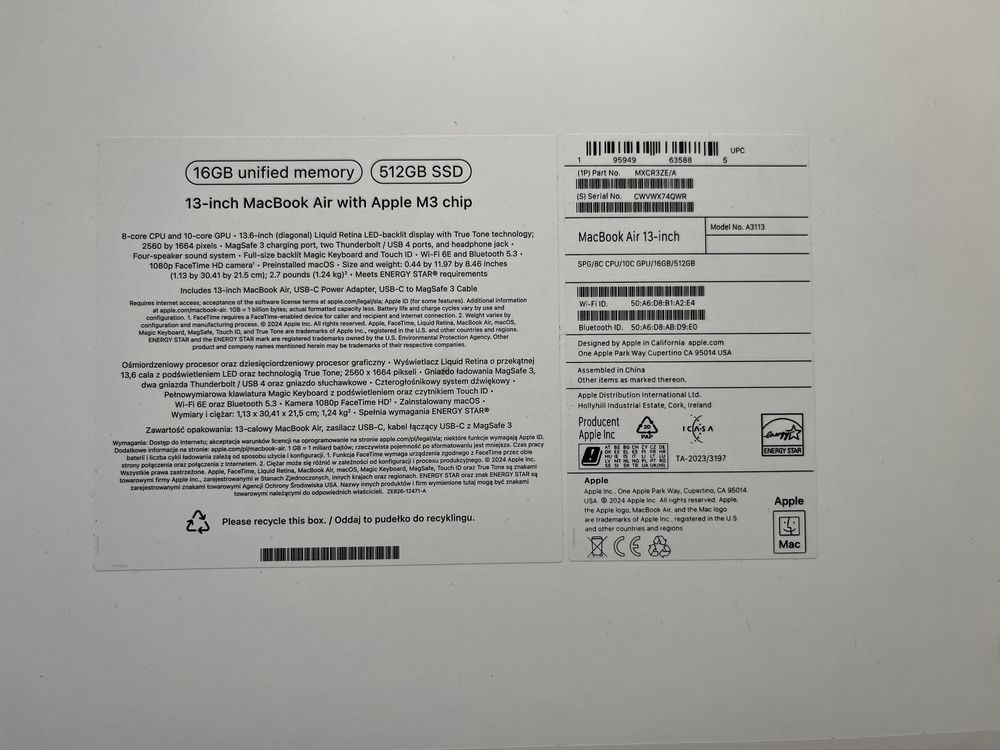 MacBook Air M3 13 8C/10G 16GB 512SSD Space Grey ZAMIANA NA Mini M2 Pro