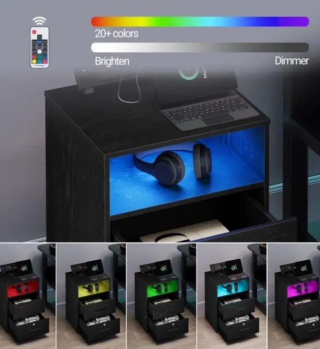 Nowoczesne Szafki Nocne LED z Ładowarką  Zestaw 2 szt. Stolik nocny le