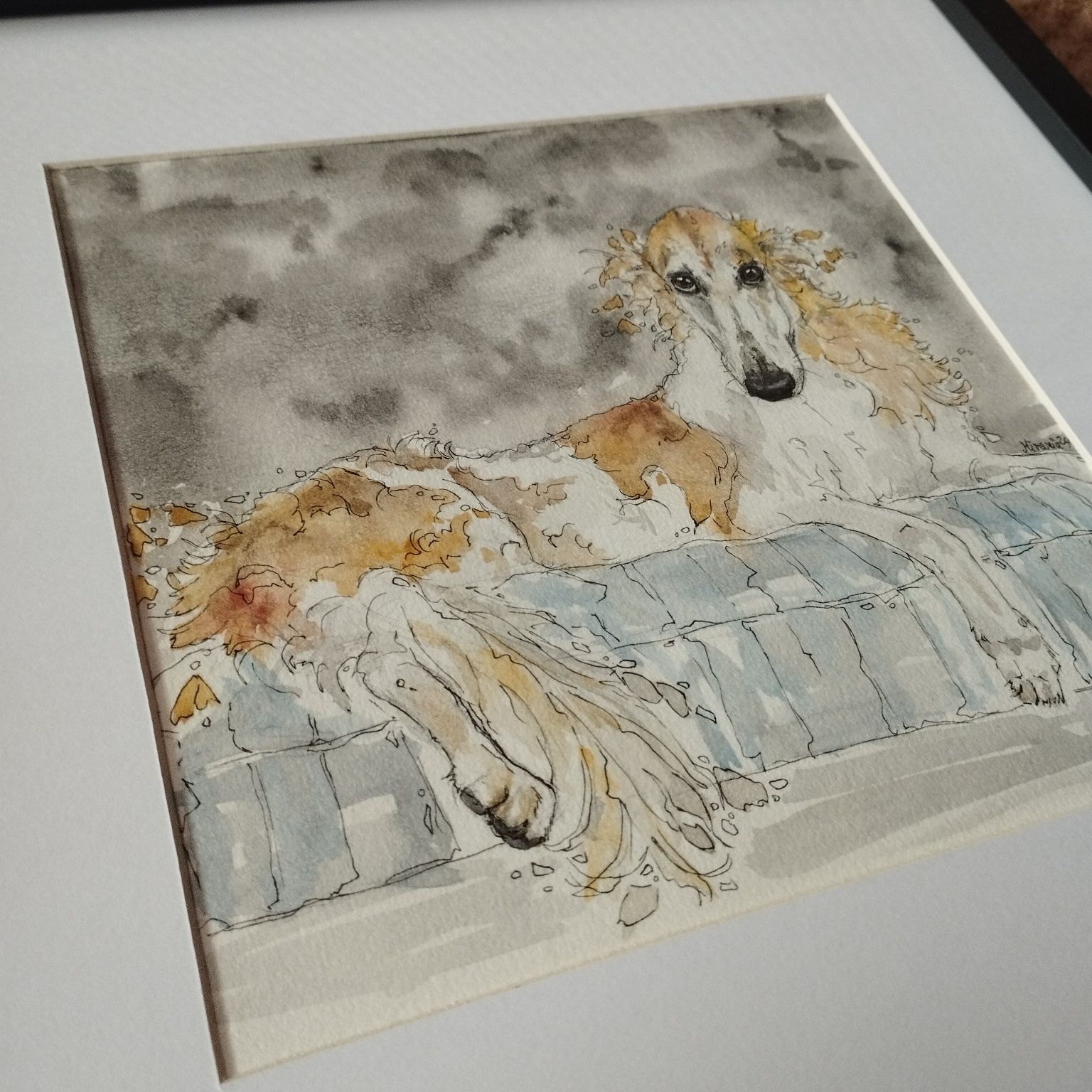 Leżący Borzoi - oprawiona akwarela