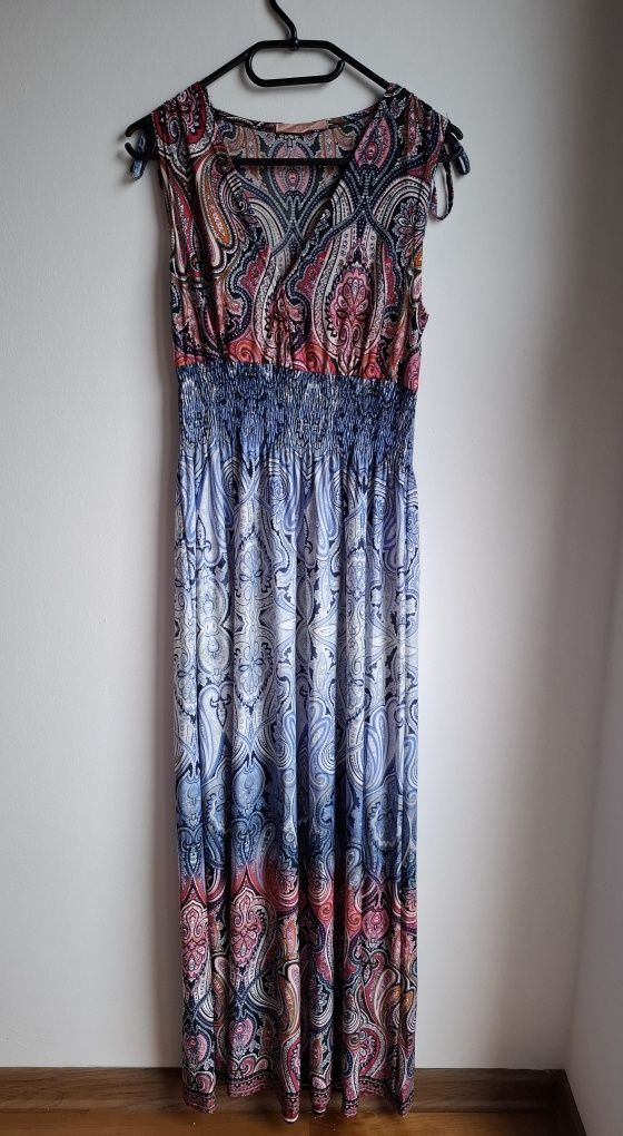 Kolorowa sukienka maxi boho wzorki luźna lato 38